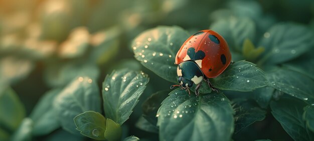 Un primo piano di una coccinella sulle foglie verdi alla luce naturale