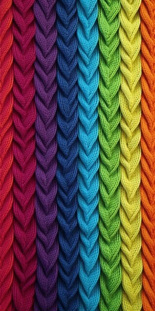 Un primo piano di una coperta lavorata a maglia color arcobaleno con un motivo a treccia generativo ai