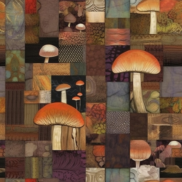 Un primo piano di una copertina di patchwork con funghi e foglie generative ai