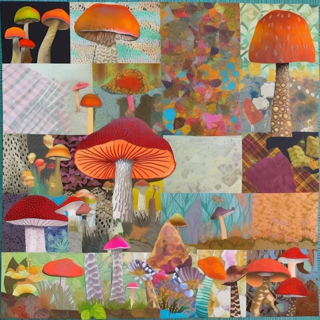 Un primo piano di una copertina di patchwork con molti funghi diversi generativi ai