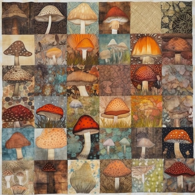 Un primo piano di una copertina di patchwork con molti funghi diversi generativi ai