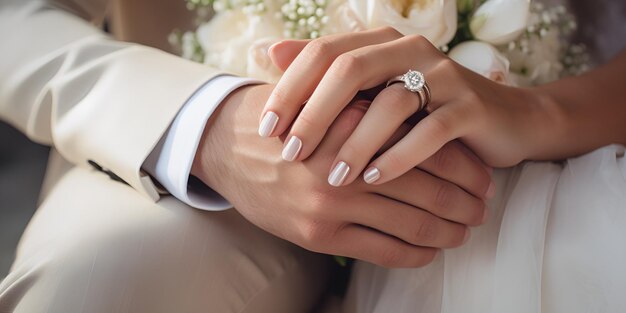 Un primo piano di una coppia di mani che si scambiano gli anelli di nozze un primo piano di coppia di braccia che scambiano anelli