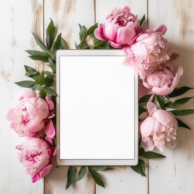 un primo piano di una cornice bianca con fiori rosa su un tavolo di legno ai generativa