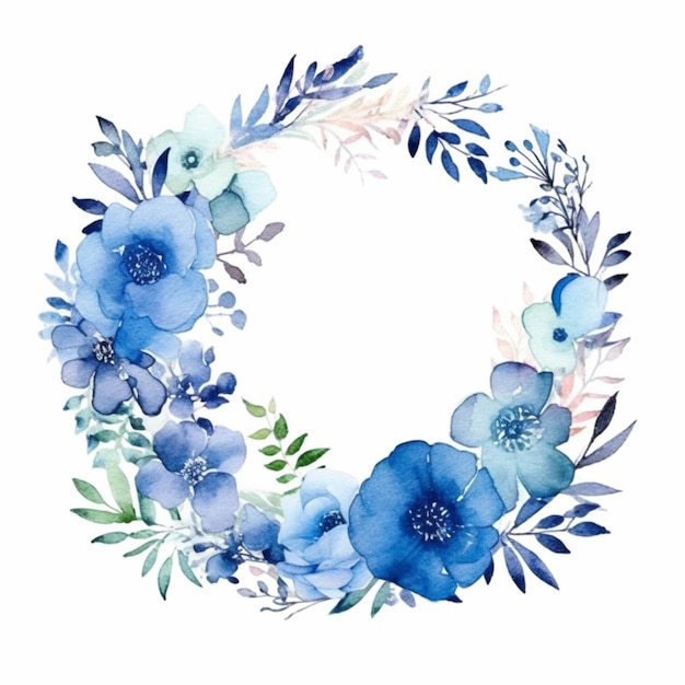 Un primo piano di una corona di fiori blu e foglie ai generativa