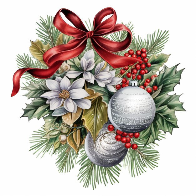 un primo piano di una corona di Natale con una palla d'argento e un nastro rosso ai generativo
