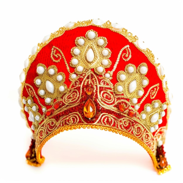 un primo piano di una corona rossa e oro con perle ai generative