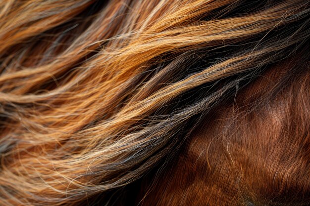 Un primo piano di una criniera di cavallo con un mix di capelli marroni e biondi