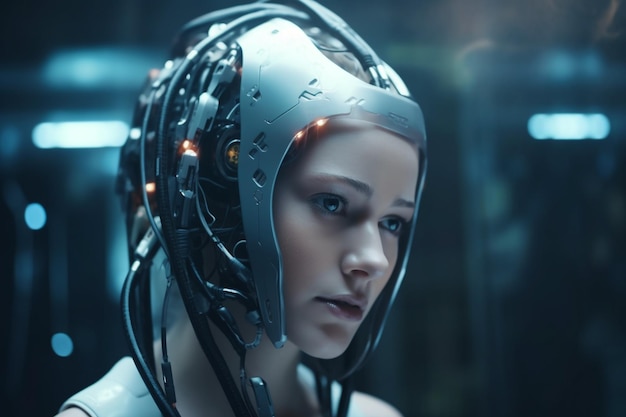 Un primo piano di una cyber ragazza umanoide con una rete neurale pensa che sia una donna robot o una cyber ragazza humanoide