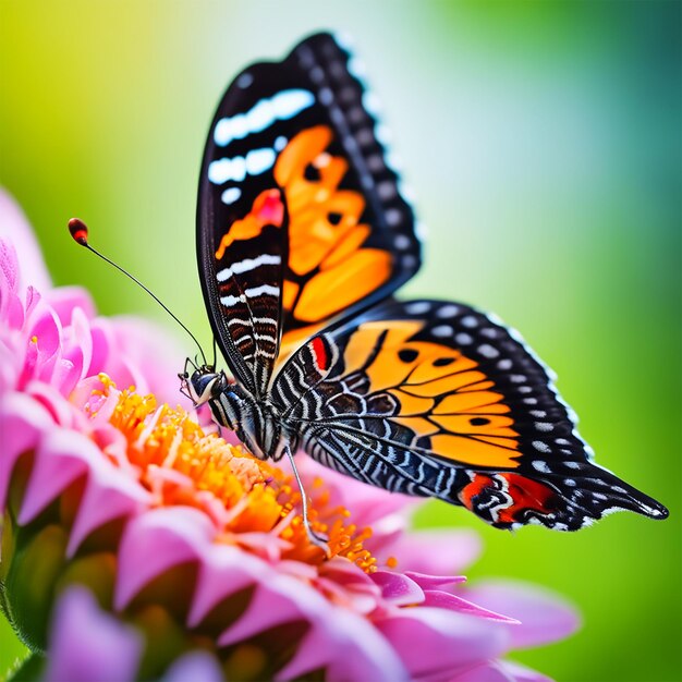 un primo piano di una delicata farfalla appollaiata su un fiore in fiore che sorseggia nettare cattura l'intrica