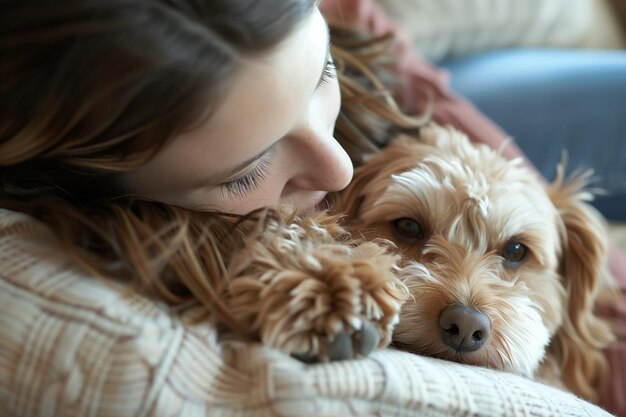 Un primo piano di una donna che abbraccia il suo amato cane