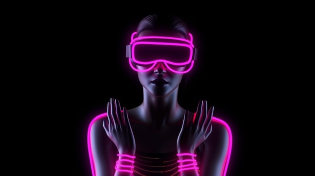 Un primo piano di una donna che indossa una maschera rosa neon generativa ai