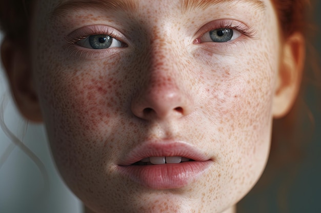 un primo piano di una donna con frecklesrosacea couperose arrossamento della pelle