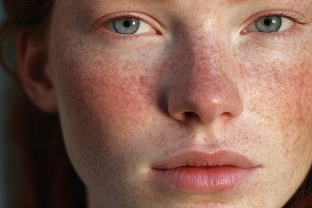 un primo piano di una donna con frecklesrosacea couperose arrossamento della pelle