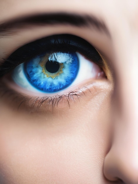 Un primo piano di una donna con gli occhi blu che fissa la telecamera