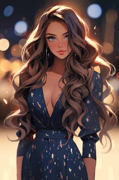 un primo piano di una donna con i capelli lunghi che indossa un vestito blu