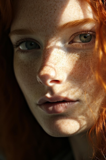 un primo piano di una donna con i capelli rossi e le lentiggini