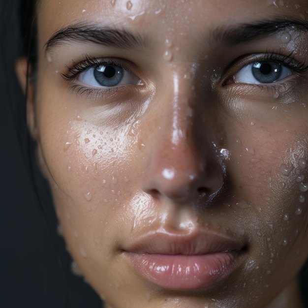 un primo piano di una donna con l'acqua sul viso