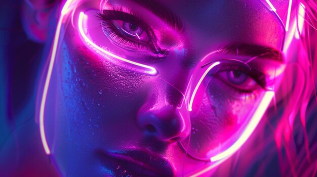 un primo piano di una donna con trucco al neon e una luce al neon generativa ai