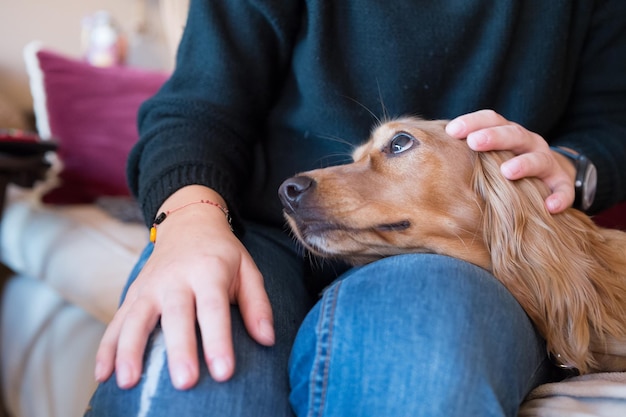 Un primo piano di una donna con un cane.