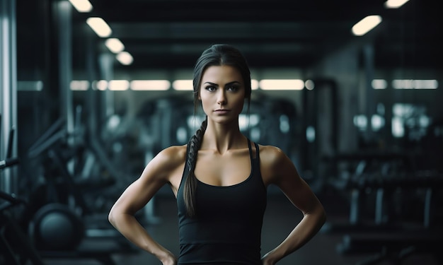 Un primo piano di una donna sola in palestra che sta per esercitarsi con l'IA generativa.