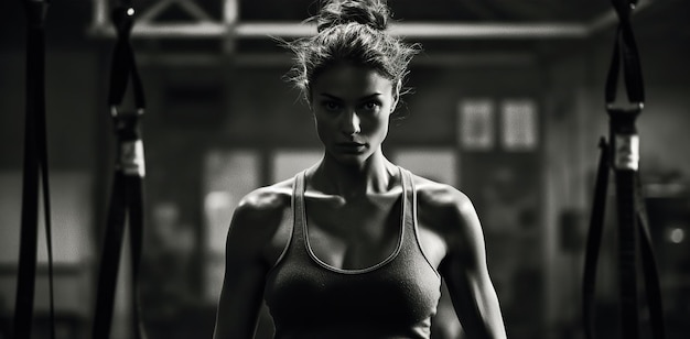 Un primo piano di una donna sola in palestra che sta per esercitarsi con l'IA generativa.