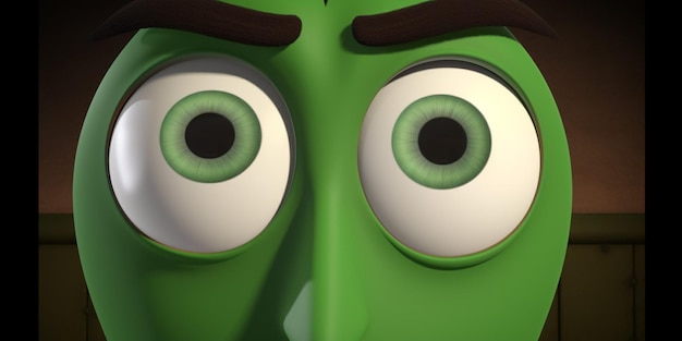 Un primo piano di una faccia con gli occhi verdi e il naso verde.