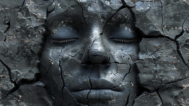 Un primo piano di una faccia di pietra rotta e deteriorata con gli occhi chiusi La faccia è circondata da uno sfondo scuro
