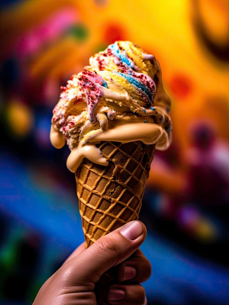 Un primo piano di una faccia felice che lecca e morde un delizioso cono gelato in estate generato dall'intelligenza artificiale