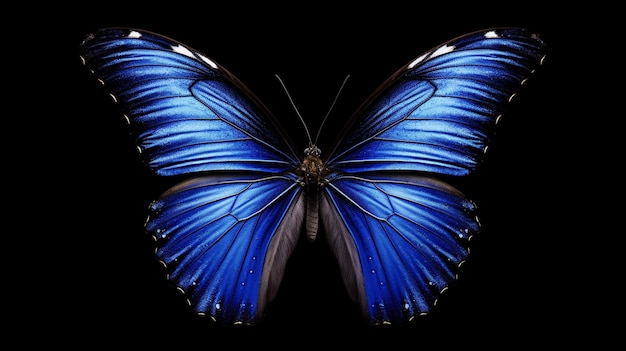 un primo piano di una farfalla blu su sfondo nero ai generativa