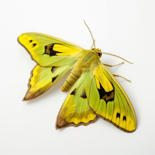Un primo piano di una farfalla gialla su una superficie bianca generativa ai