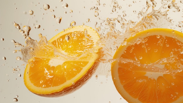 Un primo piano di una fetta di arancia fresca che si spruzza nel succo