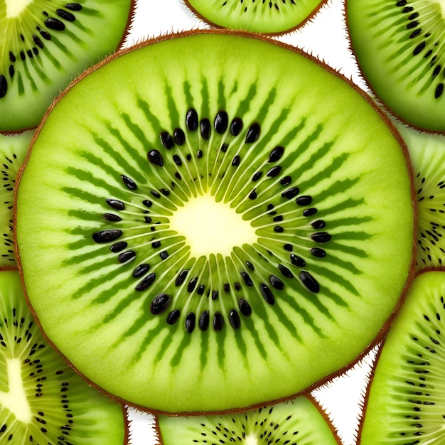 Un primo piano di una fetta di kiwi i suoi semi disposti in perfetta simmetria