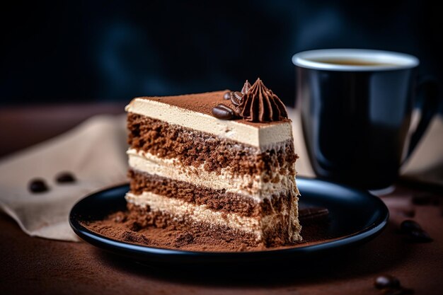 Un primo piano di una fetta di torta di mocha chiffon con crema di caffè