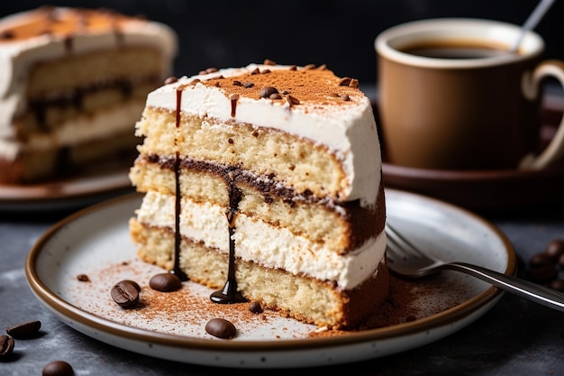 Un primo piano di una fetta di torta di tiramisu con strati di spugna bagnata nel caffè