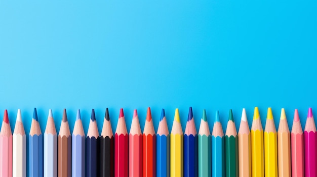 un primo piano di una fila di matite colorate su uno sfondo blu generativo ai