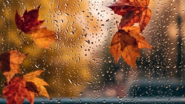un primo piano di una finestra con gocce di pioggia e foglie su di essa generativa ai