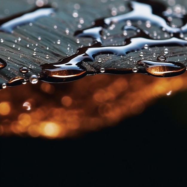 un primo piano di una foglia con gocce d'acqua su di essa