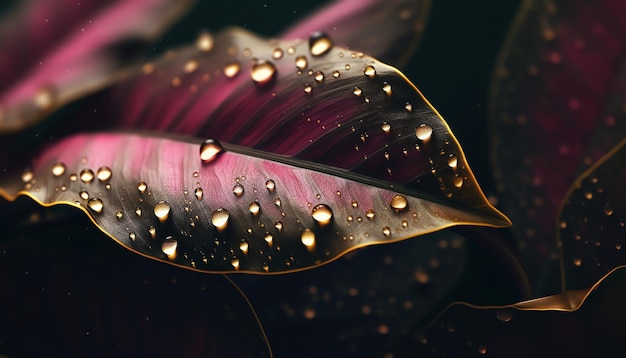 Un primo piano di una foglia con gocce d'acqua su di essa