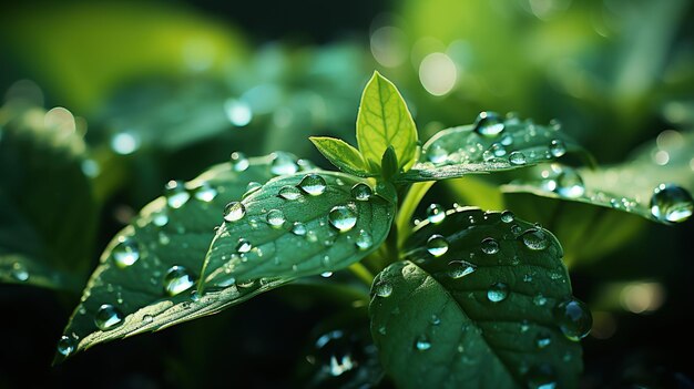 un primo piano di una foglia verde con gocce d'acqua su di essa ai generativi