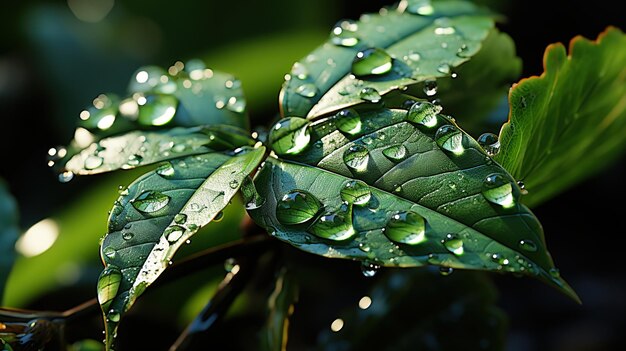 un primo piano di una foglia verde con gocce d'acqua su di essa ai generativi