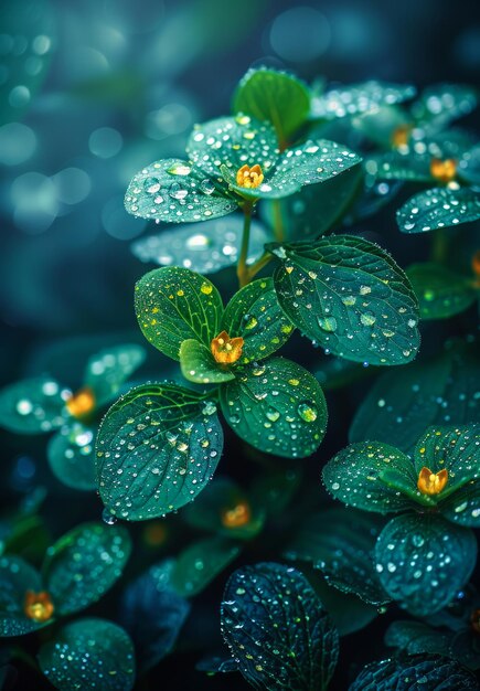 Un primo piano di una foglia verde con gocce d'acqua su di essa Le gocce sono piccole e sparse