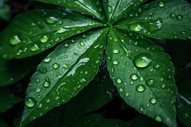 Un primo piano di una foglia verde con gocce d'acqua su di esso