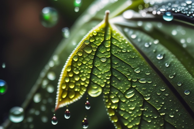 Un primo piano di una foglia verde con gocce d'acqua su di esso