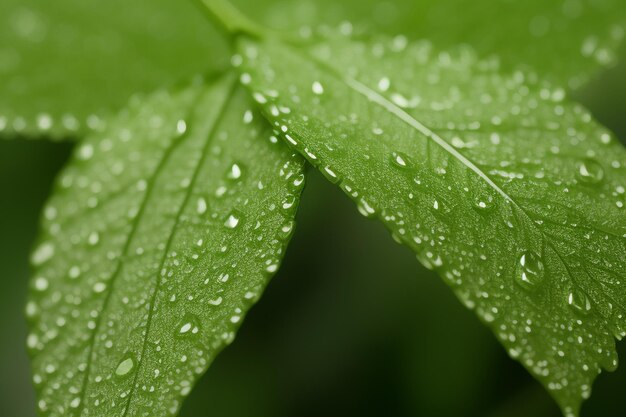 Un primo piano di una foglia verde con gocce d'acqua su di esso