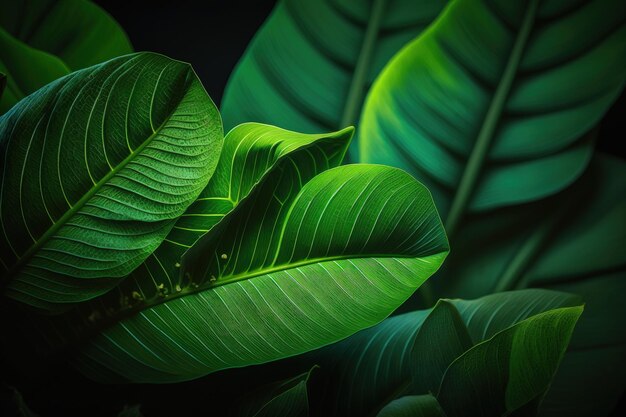 Un primo piano di una foglia verde su sfondo nero IA generativa