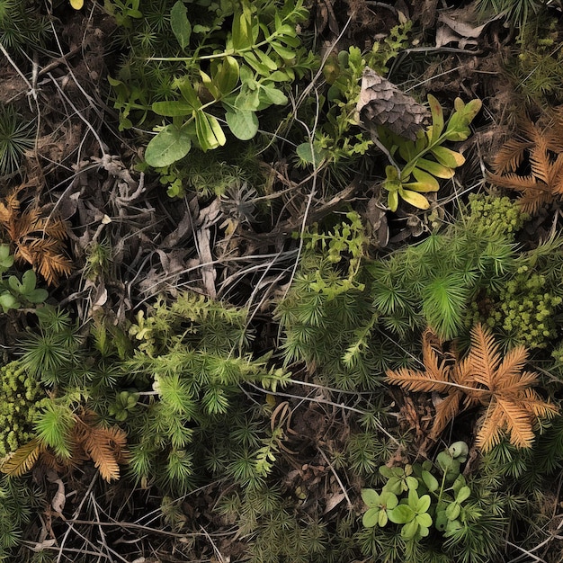 un primo piano di una foresta con alcune piante e un piccolo albero.