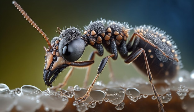 Un primo piano di una formica fogliare con gli occhi chiusi e gli occhi coperti di rugiada.