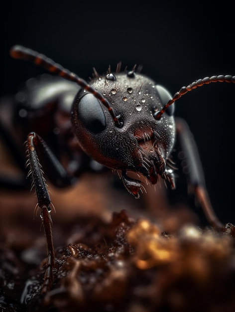 Un primo piano di una formica nera con gocce d'acqua sulla sua faccia