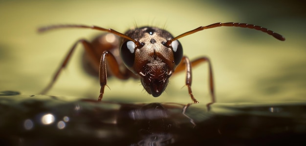 Un primo piano di una formica rossa con punti neri sulla sua faccia