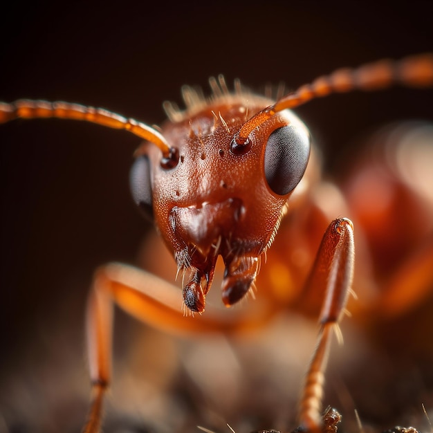 Un primo piano di una formica rossa con una faccia nera e un occhio nero.